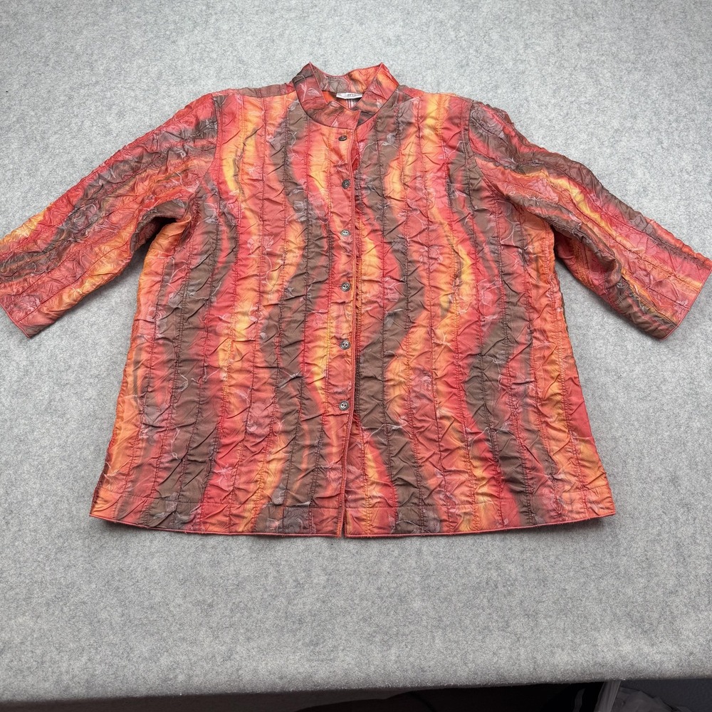 Erin By Erin London Blouse Womens 2X Red Stripe Crinkle Button 3/4 Sleeve Tunic